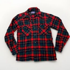 Vintage 1960s Pendleton wool board shirt Red green Plaid Mens small Loop Collar